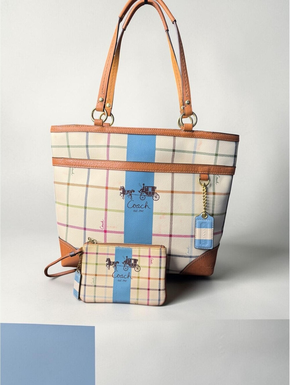 Coach Y2K Heritage Tattersall Plaid Tote Bag & Matching Wristlet Set 12561